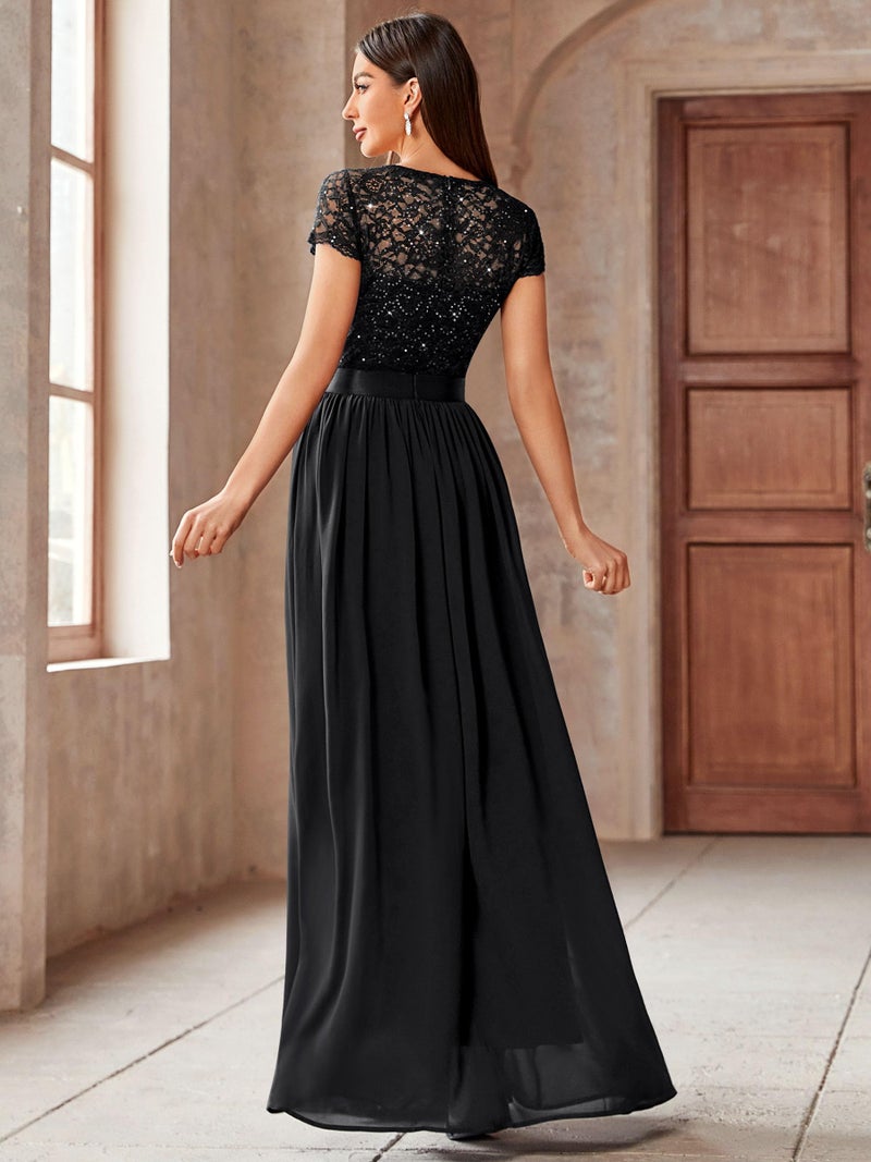 Miusol Women's Classy Scoop Neck Sequin Lace Contrast Bridesmaid Party Maxi Dress (Small, Black) - Image 4