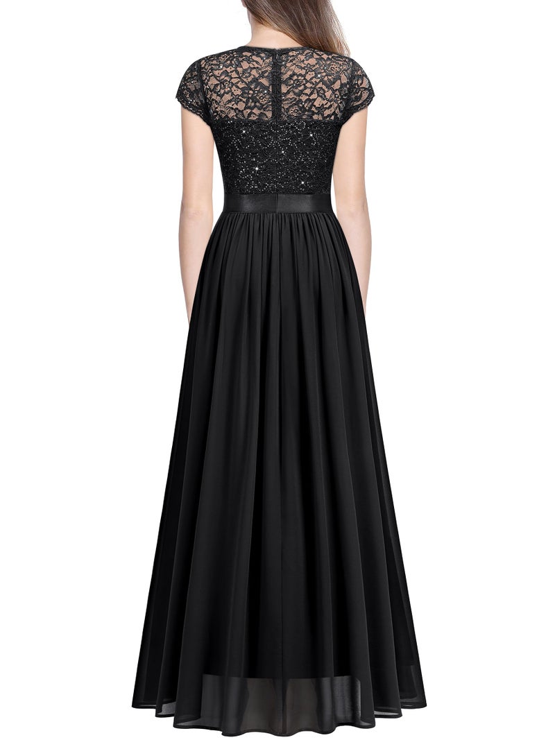 Miusol Women's Classy Scoop Neck Sequin Lace Contrast Bridesmaid Party Maxi Dress (Small, Black) - Image 2