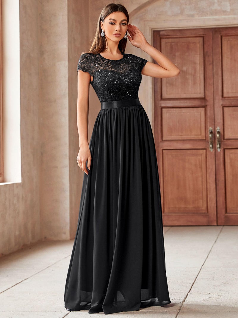 Miusol Women's Classy Scoop Neck Sequin Lace Contrast Bridesmaid Party Maxi Dress (Small, Black) - Image 3