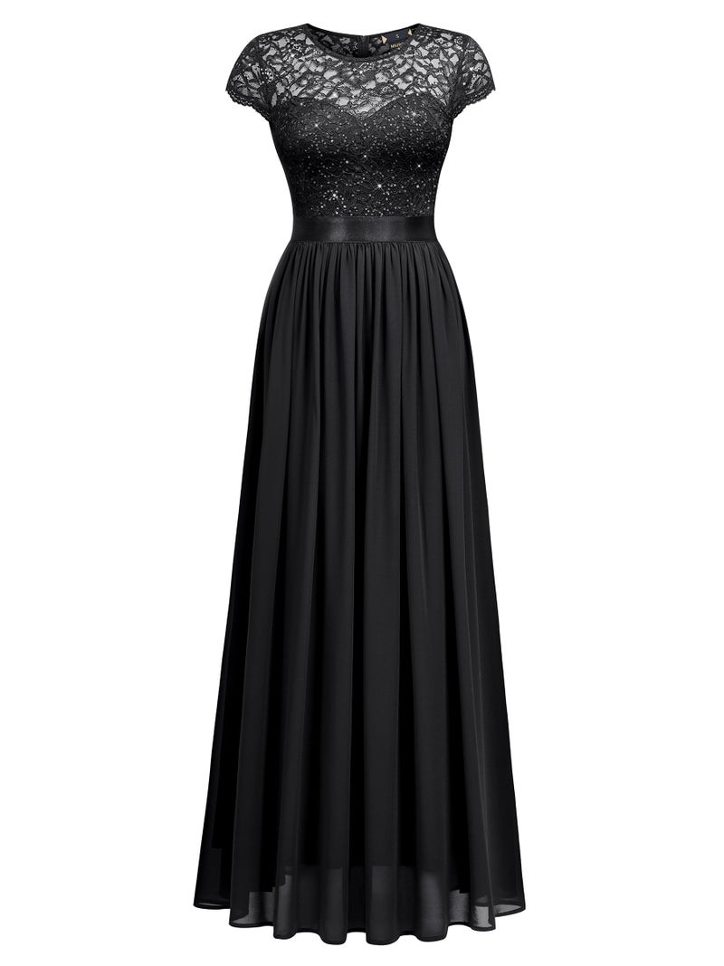 Miusol Women's Classy Scoop Neck Sequin Lace Contrast Bridesmaid Party Maxi Dress (Small, Black) - Image 5