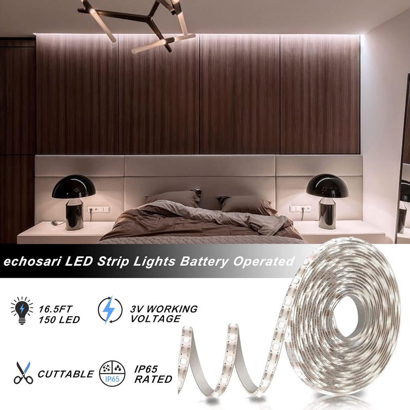 echosari Strip Lights Battery Operated, 16.5Ft 150 LED 2835 SMD Closet Strip Lights with Remote for Bedroom, Kitchen, Cabinet Décor (Cool White) - Image 4