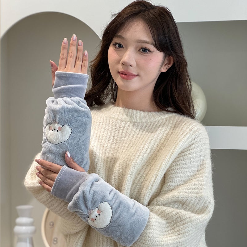 Warm Sleeve-Length Gloves Two-In-One Adult And Childrens Cartoon Design Fall/Winter Warm And Dirt-Resistant Integrated Handwarm Bichon Gray