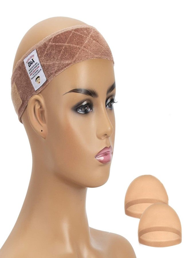 GEXWORLDWIDE GEX Wig Grip Band Flexible Velvet Scarf Head Hair Wig Band Adjustable Band with 2 Wig Caps(Tan) - Image 1