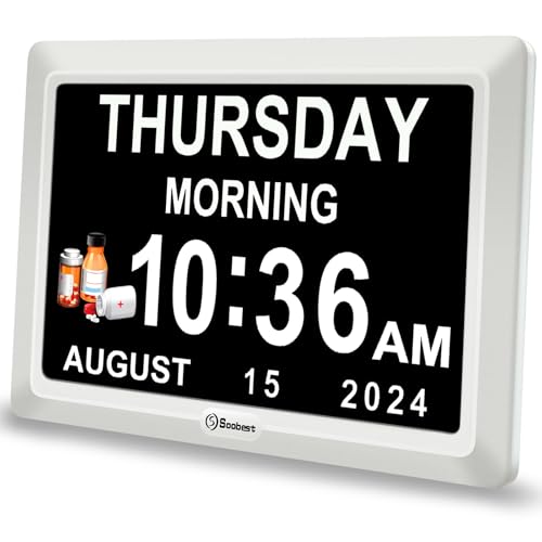 ساعة منبه رقمية سوبيست للزهايمر لكبار السن كهربائية بشاشة كبيرة عرض التاريخ يوم الأسبوع الوقت تقويم الساعة 20 تذكير 3 نغمات للذاكرة فقدان الذاكرة الزهايمر تلقائي DST خافت 1024600P HD