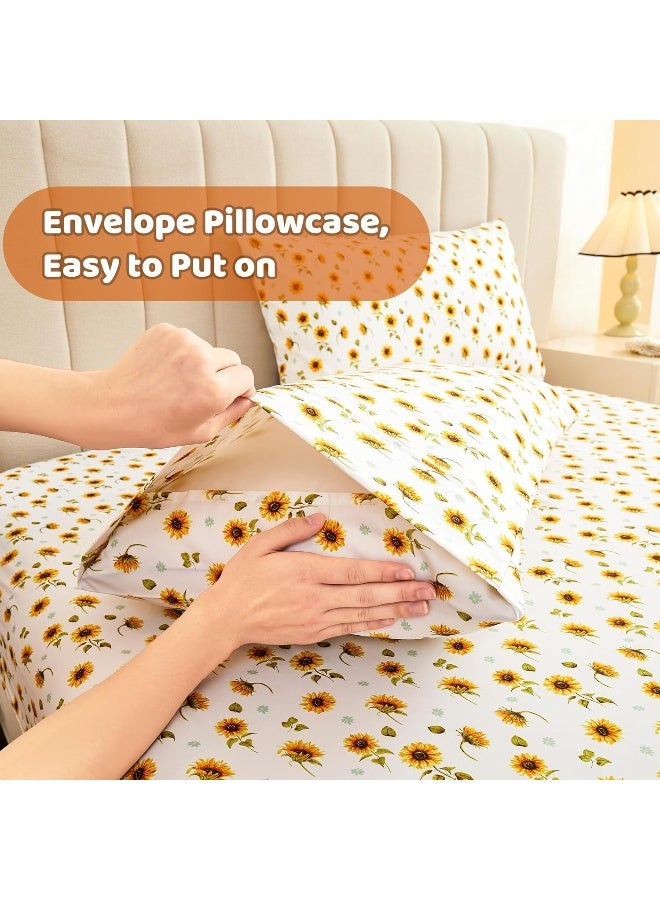 softan Floral Sheet Set King, Sunflower Printed Bed Sheets King, Brushed Microfiber Fitted Sheet with 15" Deep Pocket, Yellow Flower Sheet & Pillowcase Sets - Image 5