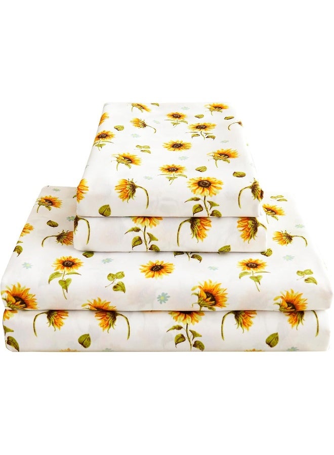 softan Floral Sheet Set King, Sunflower Printed Bed Sheets King, Brushed Microfiber Fitted Sheet with 15" Deep Pocket, Yellow Flower Sheet & Pillowcase Sets - Image 1