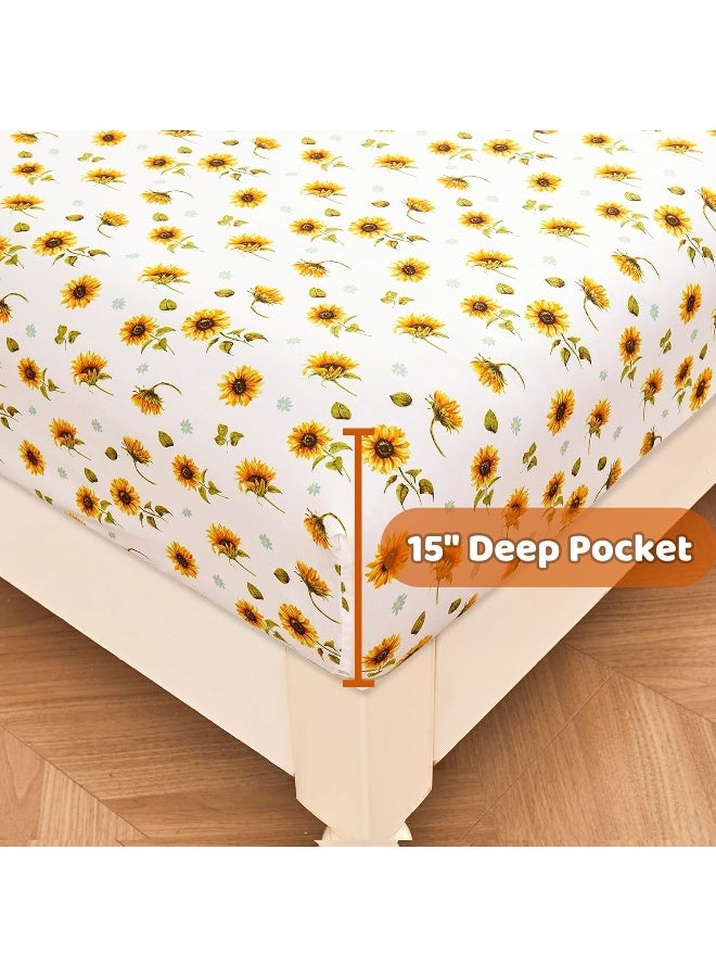 softan Floral Sheet Set King, Sunflower Printed Bed Sheets King, Brushed Microfiber Fitted Sheet with 15" Deep Pocket, Yellow Flower Sheet & Pillowcase Sets - Image 4