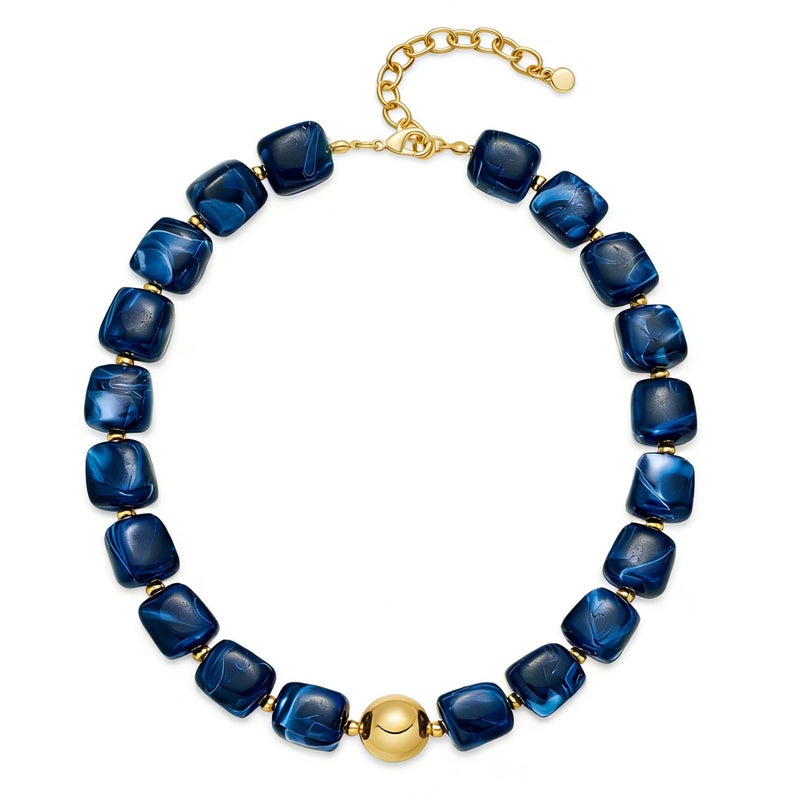 WOWORAMA Blue Chunky Beaded Necklace for Women Navy Blue Large Square Acrylic Beads Necklace Statement Chunky Choker Necklaces Summer Boho Jewelry - Image 1