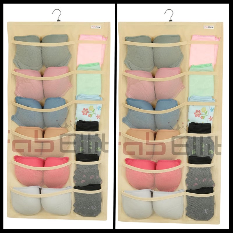 FAB ELLITE Double Sided 30 Pockets Clear Hanging Bag Socks Bra Underwear Rack Hanger Storage Organizer Wall Closet Shelves Non Woven Matrial Ivory Pack Of 2Clothing Beige - Image 1