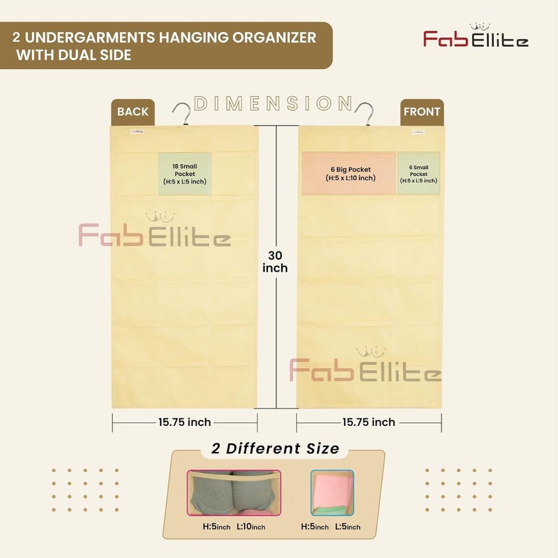 FAB ELLITE Double Sided 30 Pockets Clear Hanging Bag Socks Bra Underwear Rack Hanger Storage Organizer Wall Closet Shelves Non Woven Matrial Ivory Pack Of 2Clothing Beige - Image 2