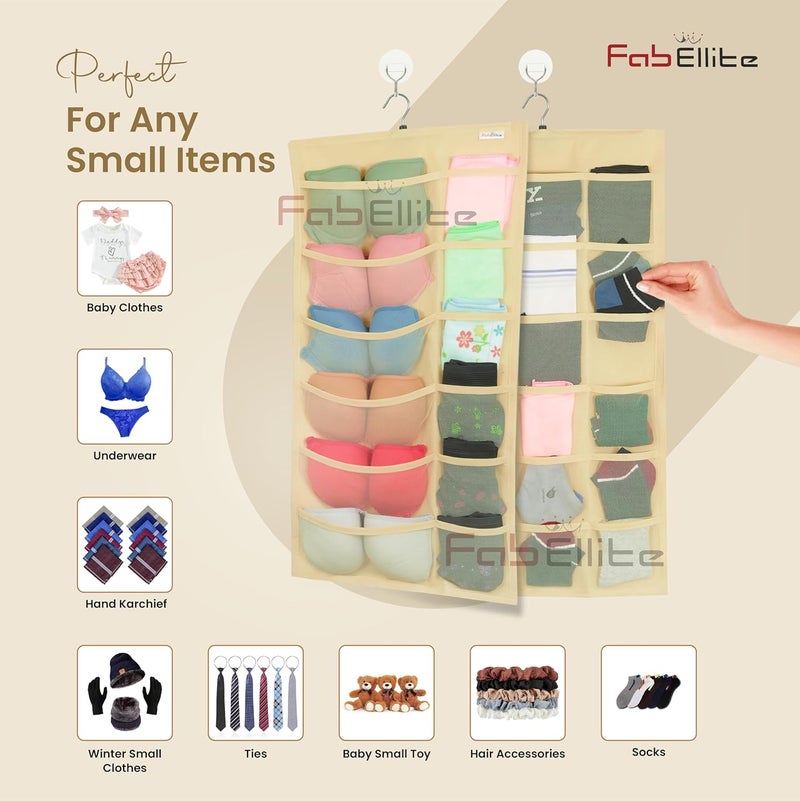FAB ELLITE Double Sided 30 Pockets Clear Hanging Bag Socks Bra Underwear Rack Hanger Storage Organizer Wall Closet Shelves Non Woven Matrial Ivory Pack Of 2Clothing Beige - Image 4