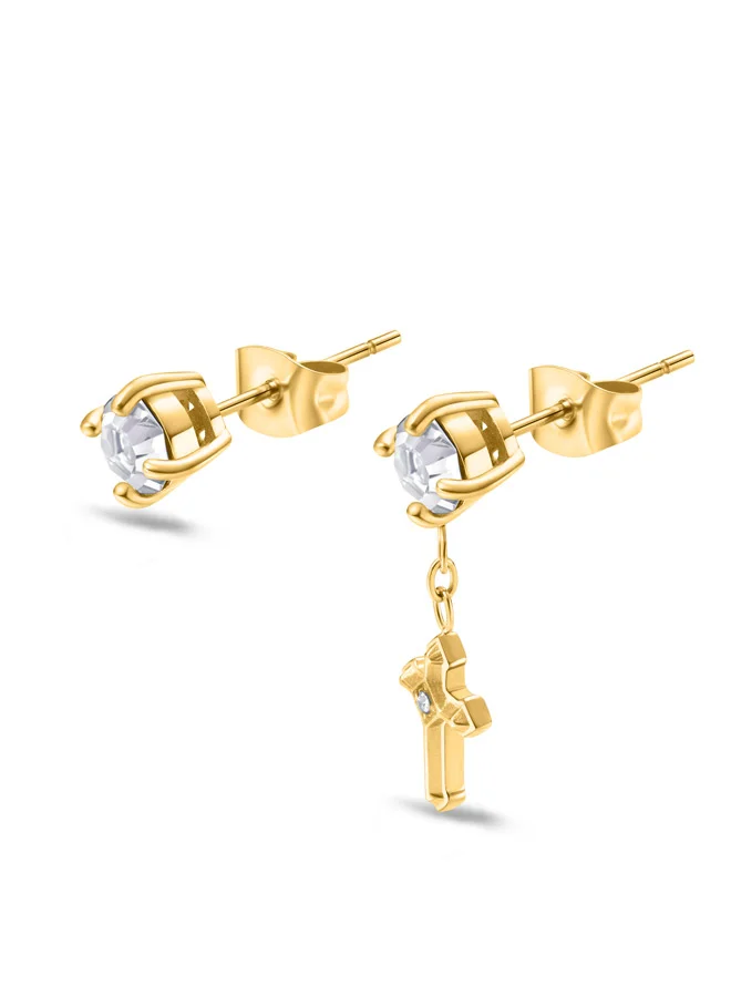 POLICE Yellow Gold Plated Crystal and Cross Mismatch Earrings For Men