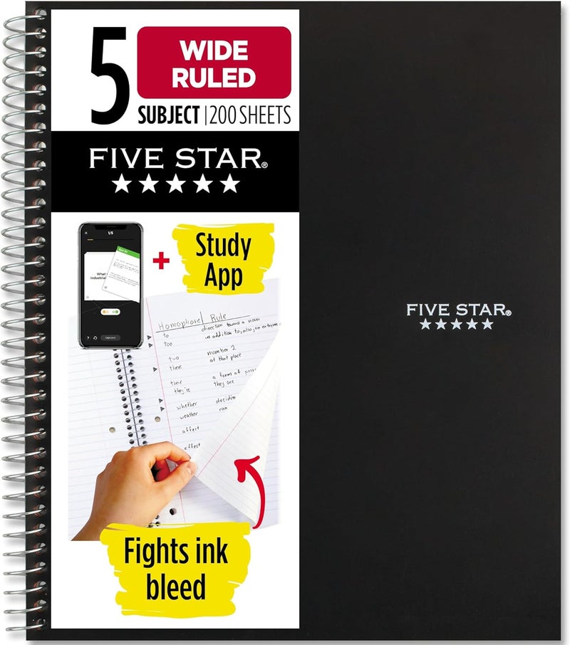 Five Star 5 Subject Spiral Notebook with Wide Ruled Paper, 200 Sheets, Water Resistant Cover, Black - Image 1