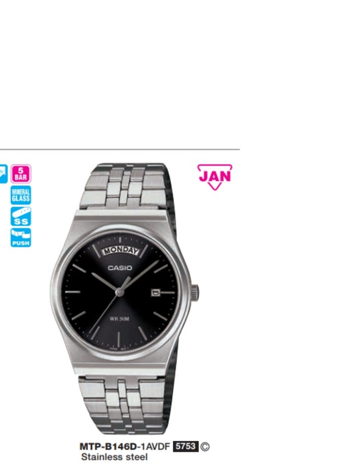 CASIO ANALOGUE BLACK DIAL  MENS WATCH DAY AND DATE  MTP-B146D-1AV - Image 2