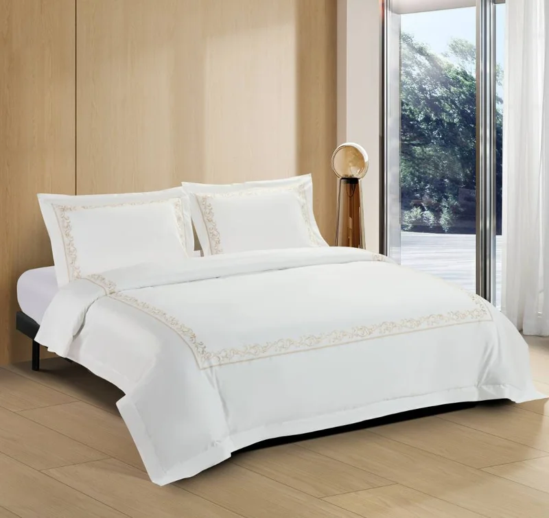 DWELL Dwell-Coral Embroidered K Duvet Cover Set - Beige-Duvet Cover - 240 x 220 CM, Fitted Sheet - 180 x 200 x 38 CM Pillow cases 50 x 80 CM-White/Beige