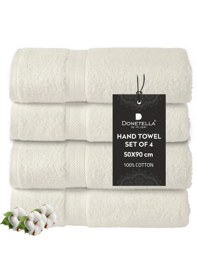 Donetella Premium 100 % Combed Cotton 4-Pcs Hand Towel Set (50 X 90 CM) 600 GSM Super Soft Hand Towel, Highly Absorbent, Quick Dry,Best Towel for Bathroom, Spa And Hotel,Cream