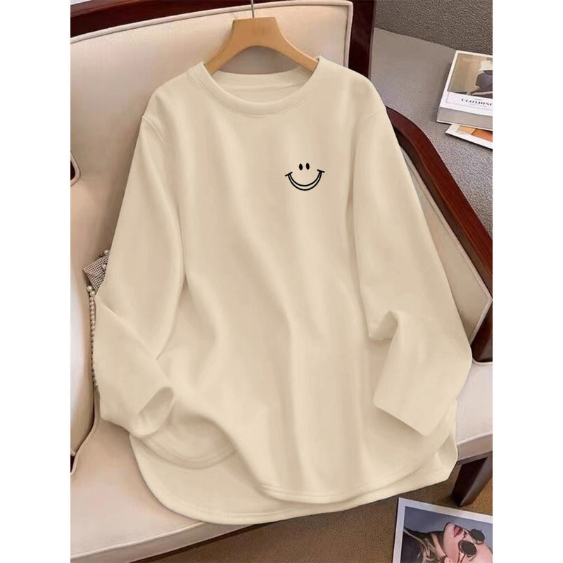 Velvet Mid-length Curved Long-sleeved T-shirt Womens Spring Autumn and Winter Inner Base Shirt Scrub Thickened Loose Slimming Top apricot [Double Line Smiley-Black]]