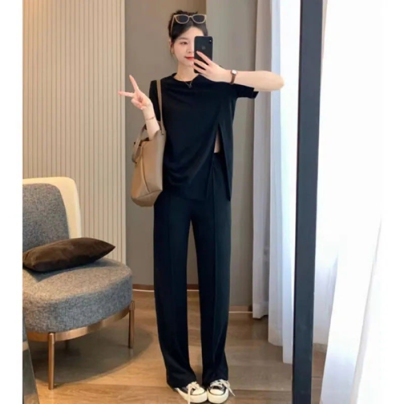 Ice Silk Wide-leg Pants Set Womens Summer Korean Style Fashion Large Size Loose Design Sense Split Short-sleeved Top Trendy Pants Khaki - Image 2