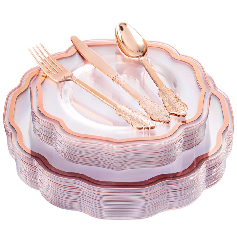 NOCCUR 150PCS Rose Gold Plastic PlatesRose Gold SilverwareInclude 30Dinner Plates 30Salad plates 90 Disposable Rose Gold Utensils Ideal for Weddings PartyShower