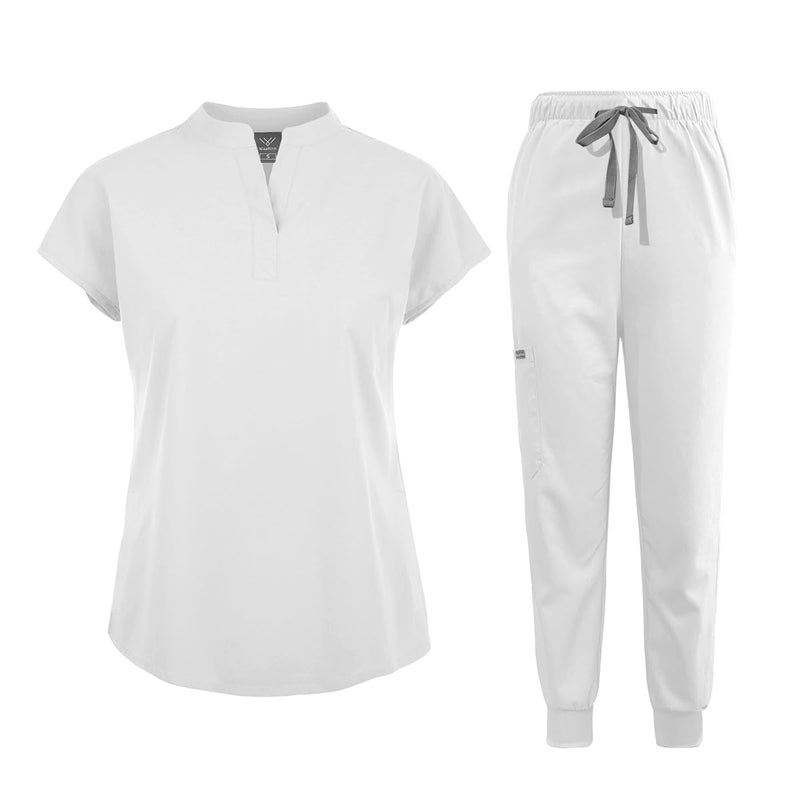 niaahinn Scrubs Set for Women Nurse Uniform Jogger Suit Stretch Top Pants with Multi Pocket for Nurse Esthetician Workwear White Small