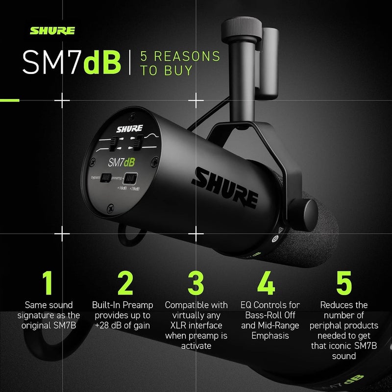 Shure SM7dB Dynamic Vocal Microphone w/Built-In Preamp for Streaming, Podcast, & Recording - Image 3