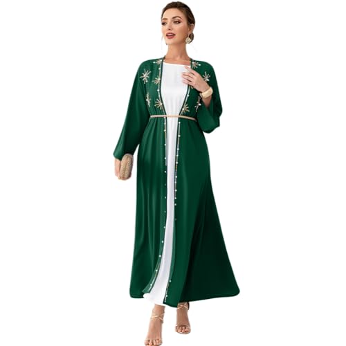 IDOPIP Muslim Abayas for Women Long Sleeve Open Front Cardigan with Belt Rhinestone Applique Maxi Kaftan Dress Islamic Dubai Robe Middle East Loose Full Cover Ramadan Prayer Clothes Blackish Green M - Image 1