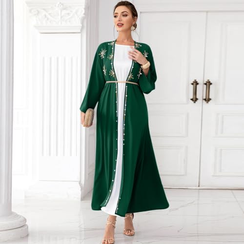 IDOPIP Muslim Abayas for Women Long Sleeve Open Front Cardigan with Belt Rhinestone Applique Maxi Kaftan Dress Islamic Dubai Robe Middle East Loose Full Cover Ramadan Prayer Clothes Blackish Green M - Image 3