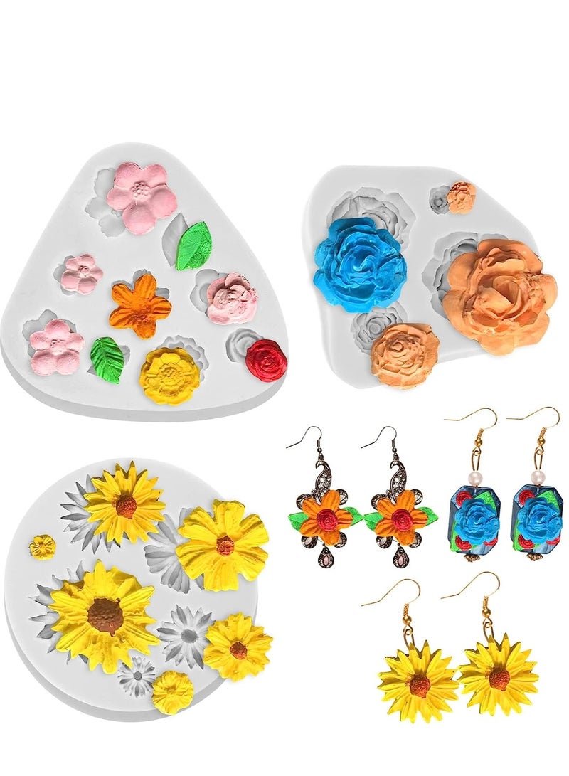 سيوسي 3Pcs Rose Flower Silicone Molds Sunflower Daisy Leaf Polymer Clay for Earring Pendant Crafting Chocolate Fondant Cake Cupcake Toppers - Image 1