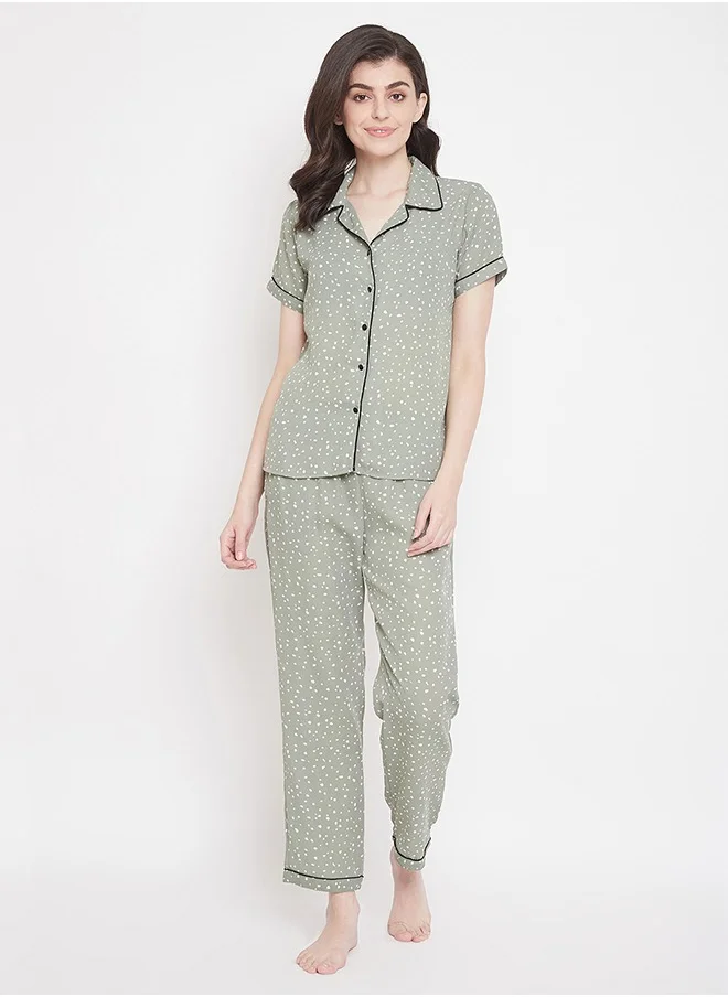 Clovia Clovia Print Me Pretty Button Down Shirt & Pyjama in Sage Green- Crepe