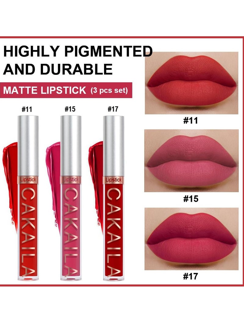 KASTWAVE Velvet Matte Lip Gloss Lip Stick Makeup for Women, 3Pcs Matte Lipsticks Sets, Long Lasting Waterproof Non-Stick Cup Non-Drying 24 Hours (Pink, Bright Red, Dark Red) - Image 3