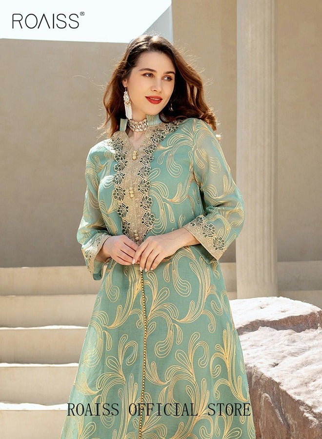 فساتين ماكسي فاخرة للنساء بياقة واقفة وطباعة جرافيكية وأنماط حصرية وعصرية وأنيقة عباية الشرق الأوسط العربية لحفلات الزفاف والولائم ملابس نسائية للمهرجانات - Image 4