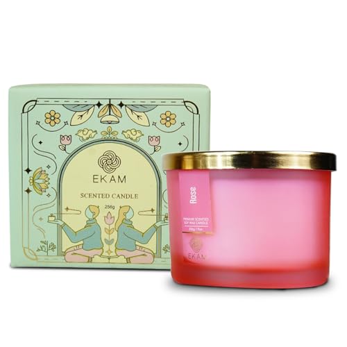 EKAM 3 Wick Soy Wax Scented Candle | Rose Fragrance | 35 Hr Burn | Long Lasting Premium Jar Candle for Home Decor, Relaxation & Gifting - Image 3