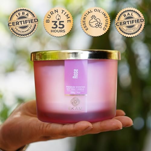 EKAM 3 Wick Soy Wax Scented Candle | Rose Fragrance | 35 Hr Burn | Long Lasting Premium Jar Candle for Home Decor, Relaxation & Gifting - Image 2