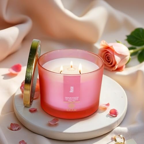 EKAM 3 Wick Soy Wax Scented Candle | Rose Fragrance | 35 Hr Burn | Long Lasting Premium Jar Candle for Home Decor, Relaxation & Gifting - Image 4