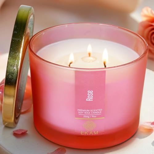 EKAM 3 Wick Soy Wax Scented Candle | Rose Fragrance | 35 Hr Burn | Long Lasting Premium Jar Candle for Home Decor, Relaxation & Gifting - Image 1