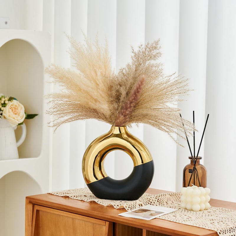 f + j's Ceramic Donut Vase  8"" L x 8"" H White and Silver Vase for Pampas Grass  Modern Round Vases for Silver Decor  Ceramic Vase Centerpieces for Wedding  Bedroom  Living Room  Coffee Table  Entryway  Office - Image 3