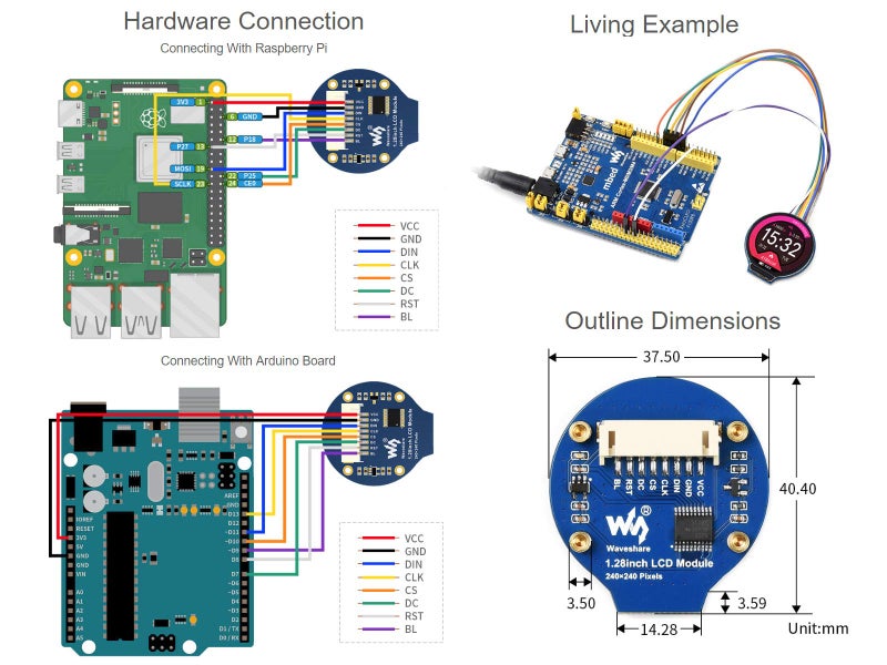 Waveshare وحدة عرض LCD دائرية بحجم 1.28 بوصة من Waveshare، 65 ألف لون RGB، دقة 240×240 مع واجهة SPI، مزود بسائق GC9A01، متوافقة مع Raspberry Pi 5/4B/3B/Zero/Zero W/Zero 2W/Pico/Pico W/Pico WH - Image 5
