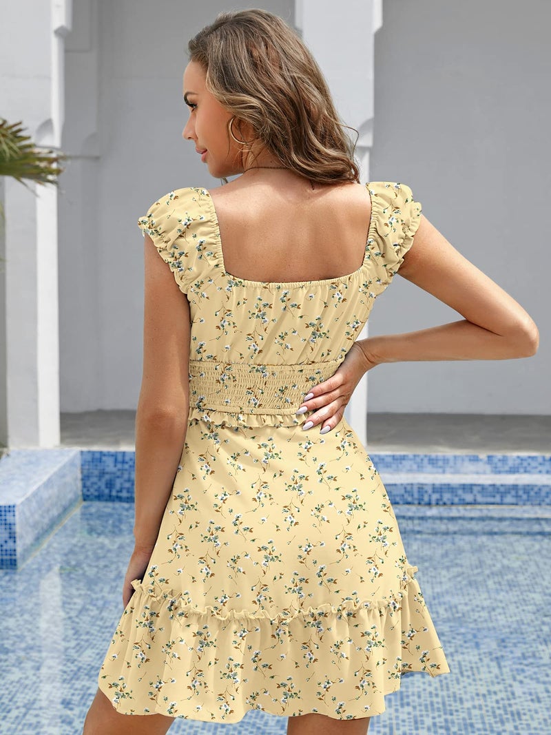 YOBECHO Womens Summer Ruffle Sleeve Sweetheart Neckline Printing Dress Mini Dresses A-Yellow - Image 2