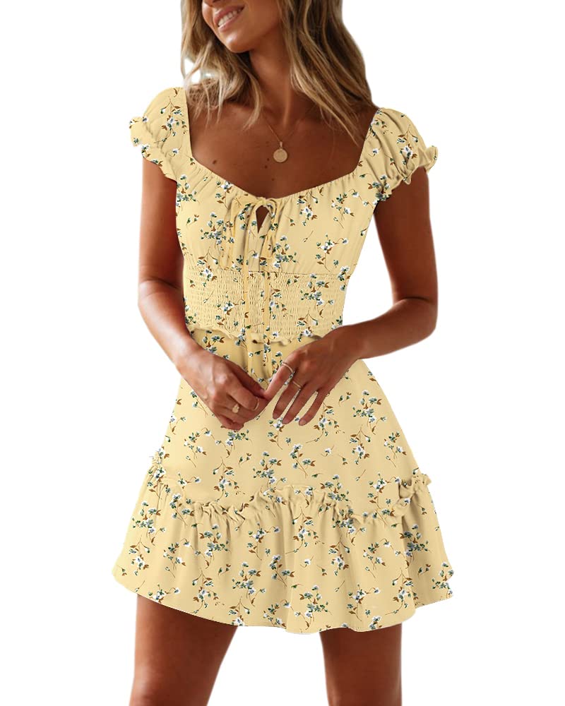 YOBECHO Womens Summer Ruffle Sleeve Sweetheart Neckline Printing Dress Mini Dresses A-Yellow - Image 1