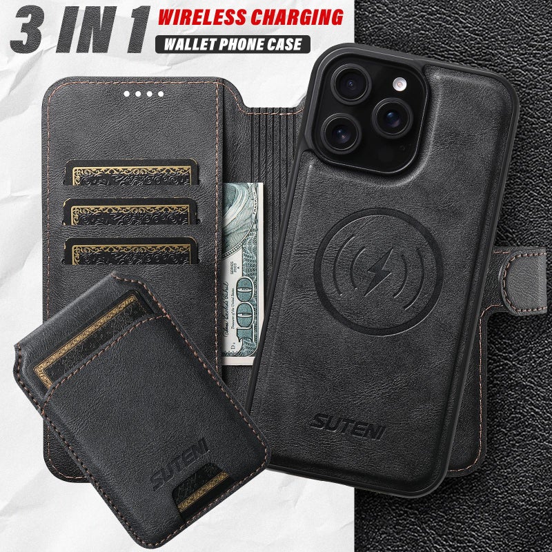 Suteni For Iphone 15 Pro Q05S2 3-In-1 Detachable Vertical Flip Wallet Magsafe Leather Phone Case(Black) - Image 4