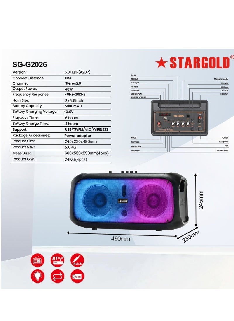 Multimedia Stereo 2.0 Channel Speaker 40W Remote Control Via BT, USB, SD/MMC, SG-G2026