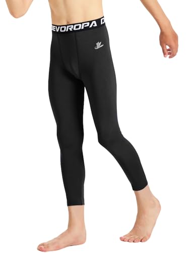 DEVOROPA Youth Boys Compression Pants 3/4 Length Sports Tights Leggings Soccer Basketball Base Layer Black S - Image 2