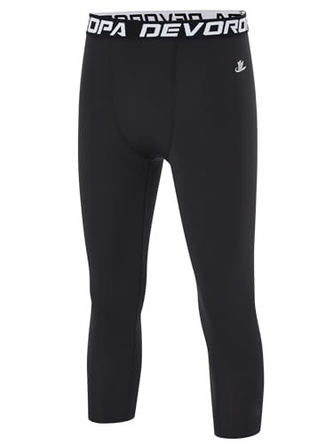DEVOROPA Youth Boys Compression Pants 3/4 Length Sports Tights Leggings Soccer Basketball Base Layer Black S - Image 1