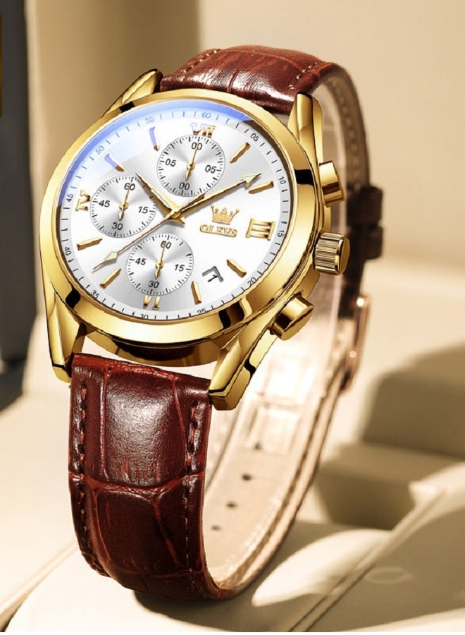 OLEVS Watch for Men pu leather Strap Chronograph Luxury Multifunction Dial Luminous Waterproof Calendar Moon Phase Analog Quartz Sports Wrist Watches - Image 1