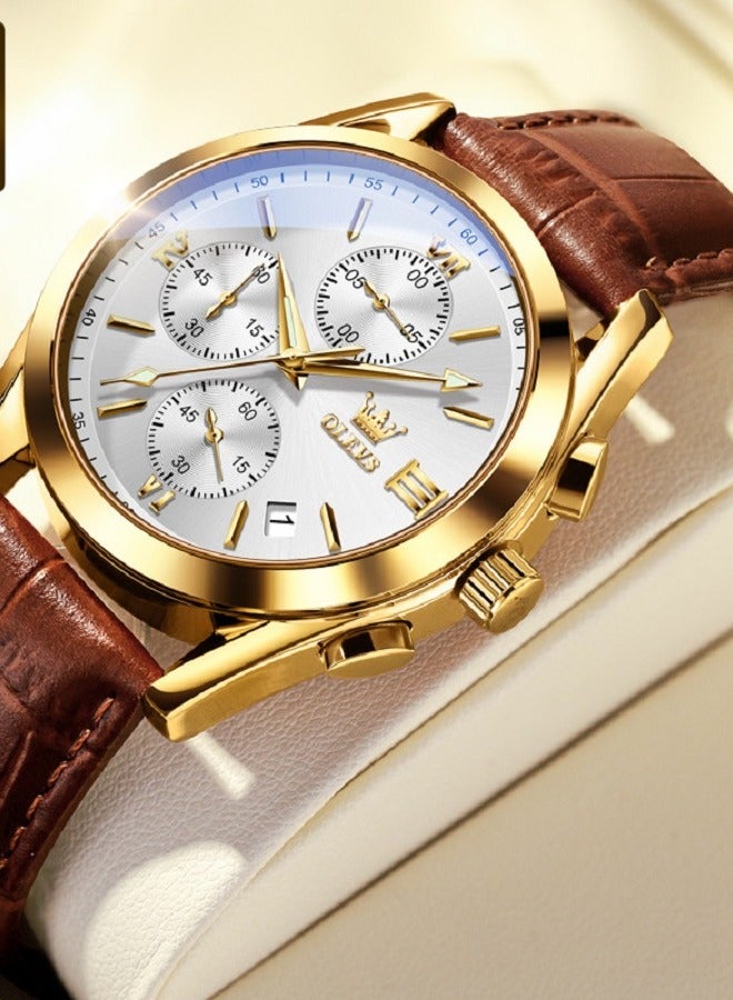 OLEVS Watch for Men pu leather Strap Chronograph Luxury Multifunction Dial Luminous Waterproof Calendar Moon Phase Analog Quartz Sports Wrist Watches - Image 4