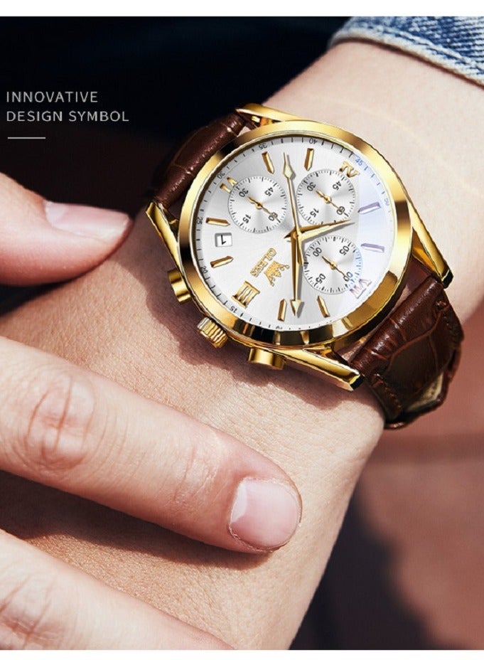 OLEVS Watch for Men pu leather Strap Chronograph Luxury Multifunction Dial Luminous Waterproof Calendar Moon Phase Analog Quartz Sports Wrist Watches - Image 2