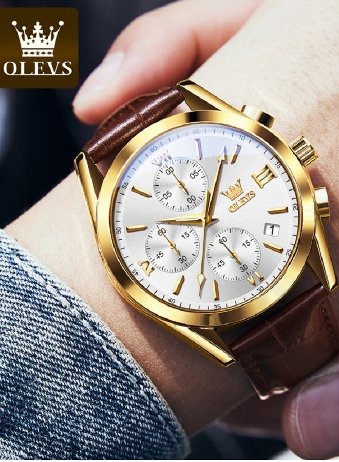 OLEVS Watch for Men pu leather Strap Chronograph Luxury Multifunction Dial Luminous Waterproof Calendar Moon Phase Analog Quartz Sports Wrist Watches - Image 3