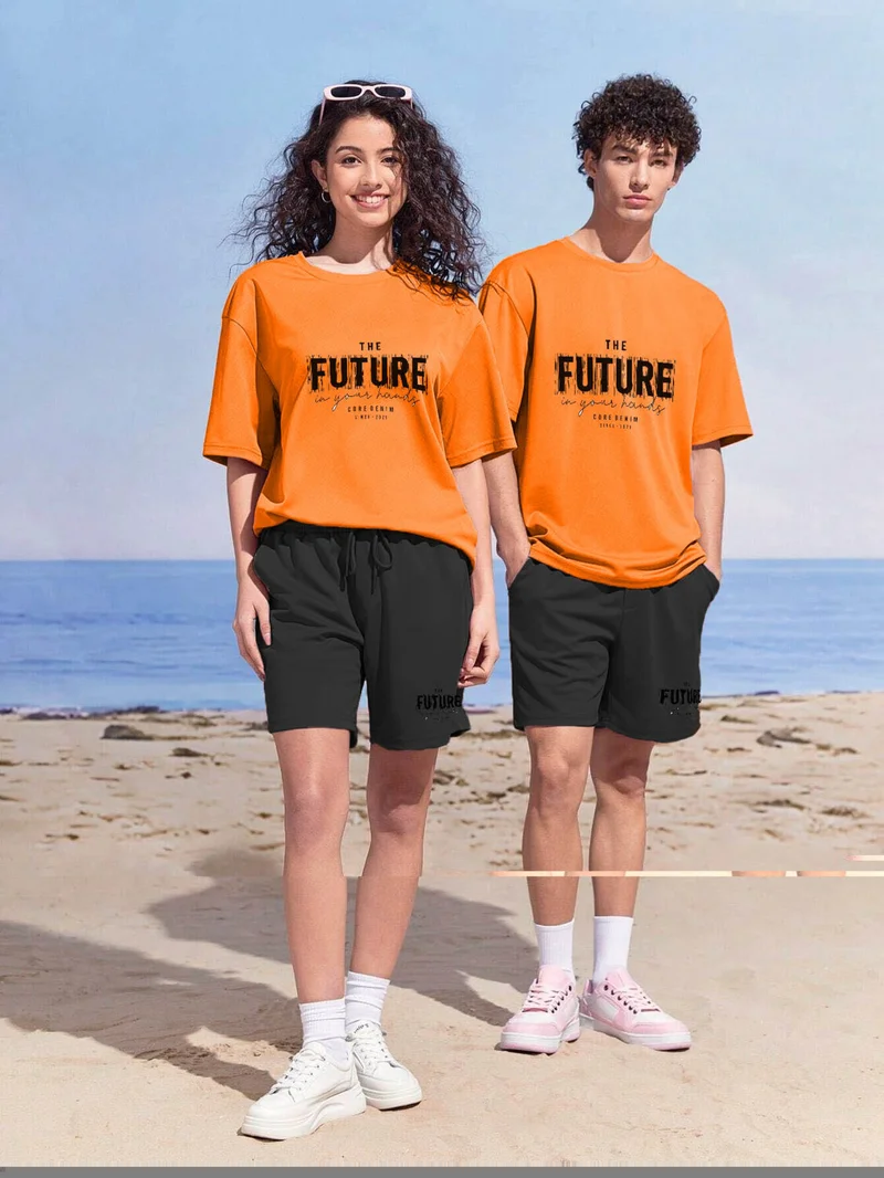 DogFish Lover Couple Combination T-Shirt-Shorts Futurw Printed Oversize Orange