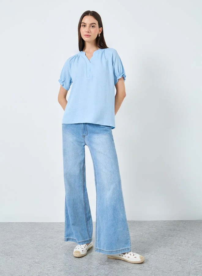 Take Two Take Two Solid V-Neck Puff Sleeve Blouse