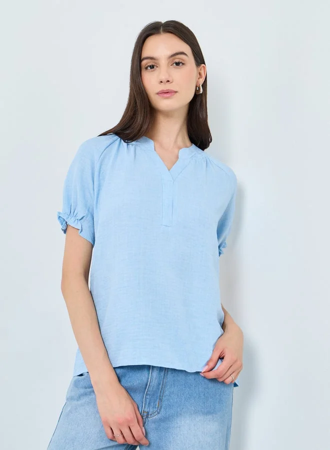 Take Two Take Two Solid V-Neck Puff Sleeve Blouse